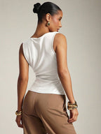 Women's Basic Casual Office Ruched Shoulder With Gold Decor Cowl Neck Top shein