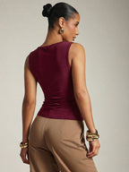 Women's Basic Casual Office Ruched Shoulder With Gold Decor Cowl Neck Top shein