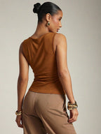 Women's Basic Casual Office Ruched Shoulder With Gold Decor Cowl Neck Top shein