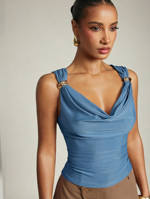 Women's Basic Casual Office Ruched Shoulder With Gold Decor Cowl Neck Top shein