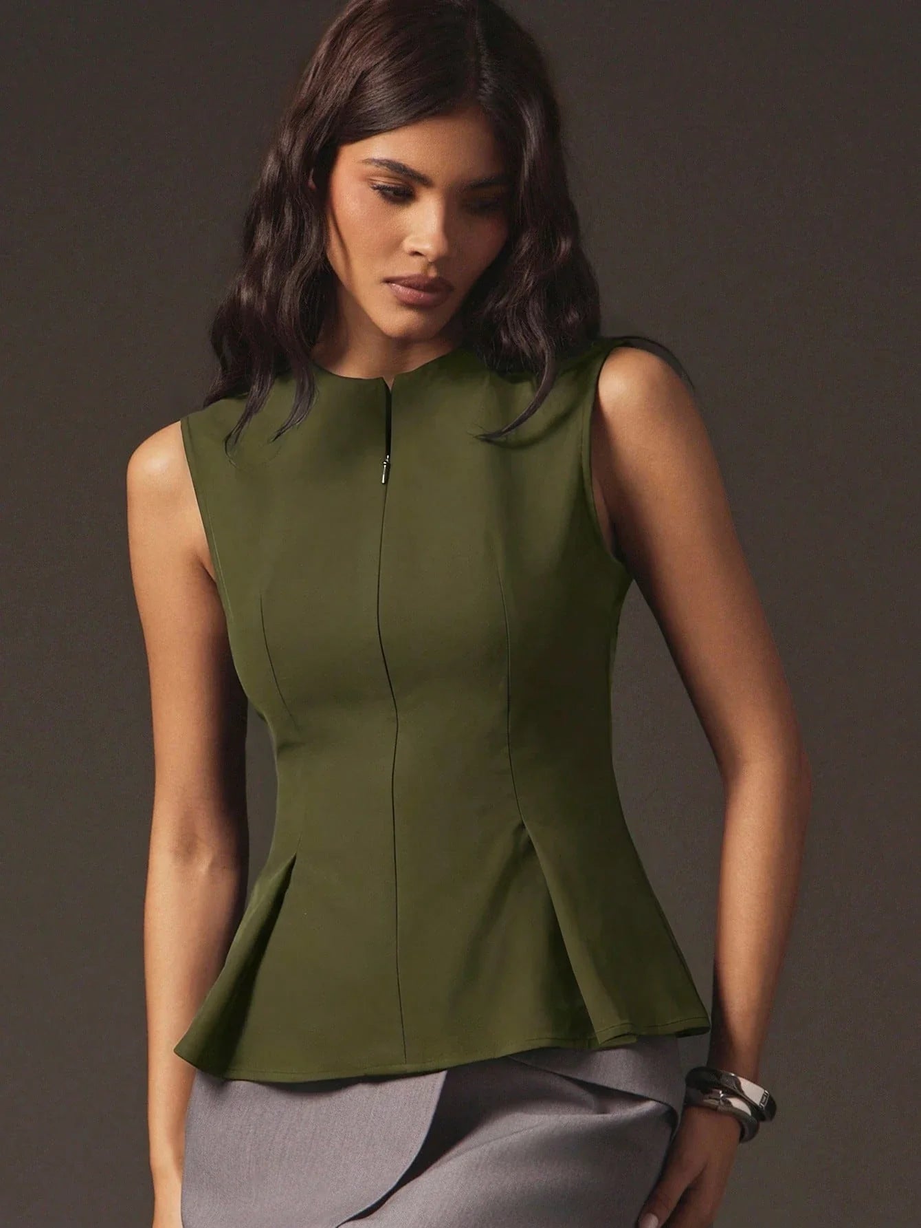 Sexy Front Zip Peplum Structured Tailored Sleeveless Top shein