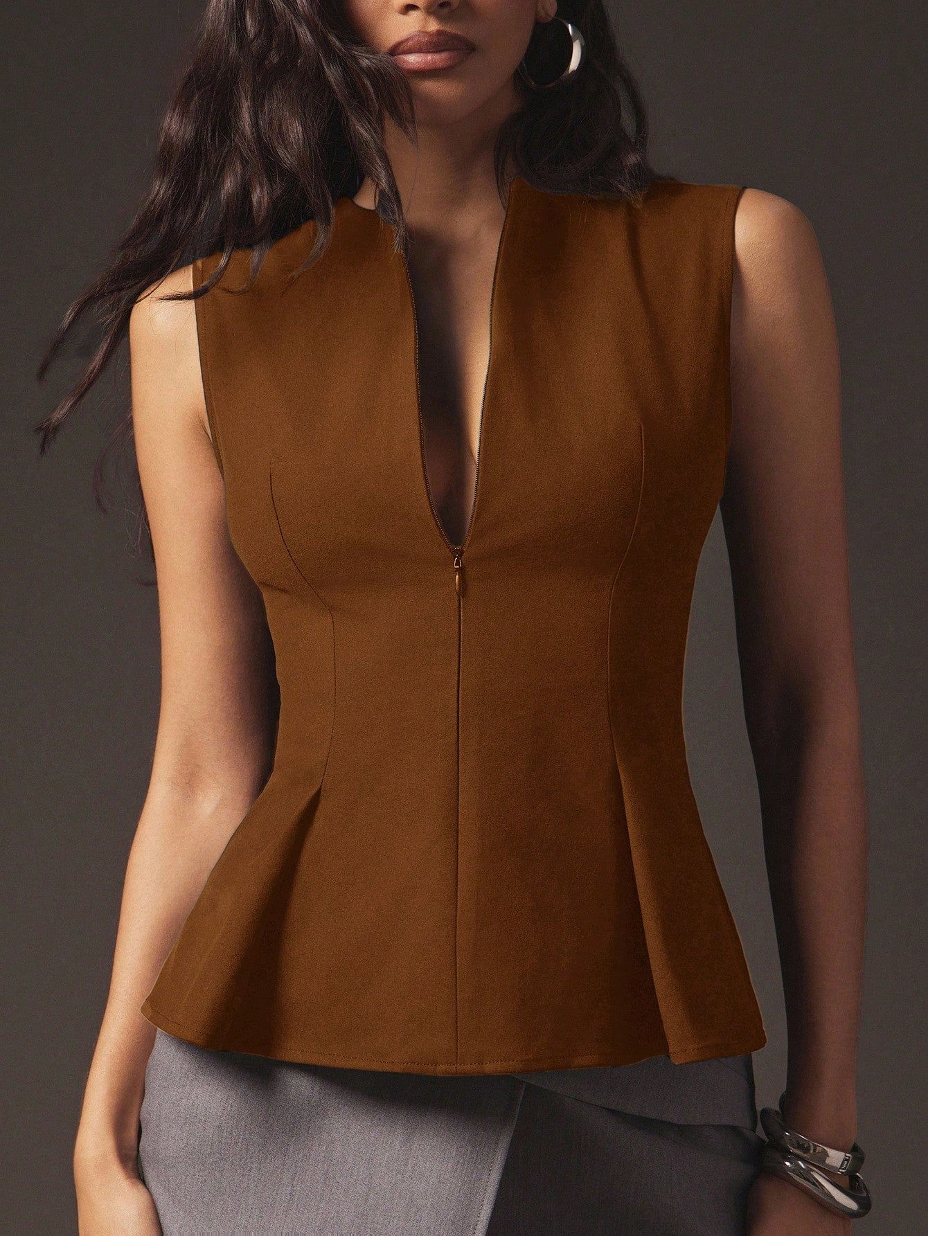 Sexy Front Zip Peplum Structured Tailored Sleeveless Top shein