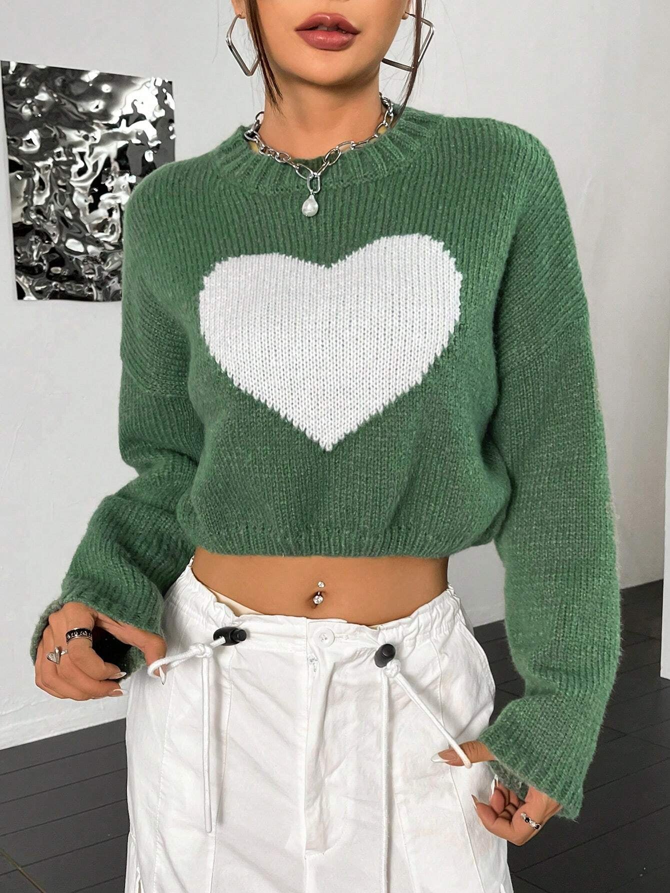 Heart Pattern Drop Shoulder Crop Sweater shein