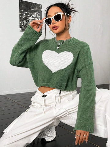 Heart Pattern Drop Shoulder Crop Sweater shein