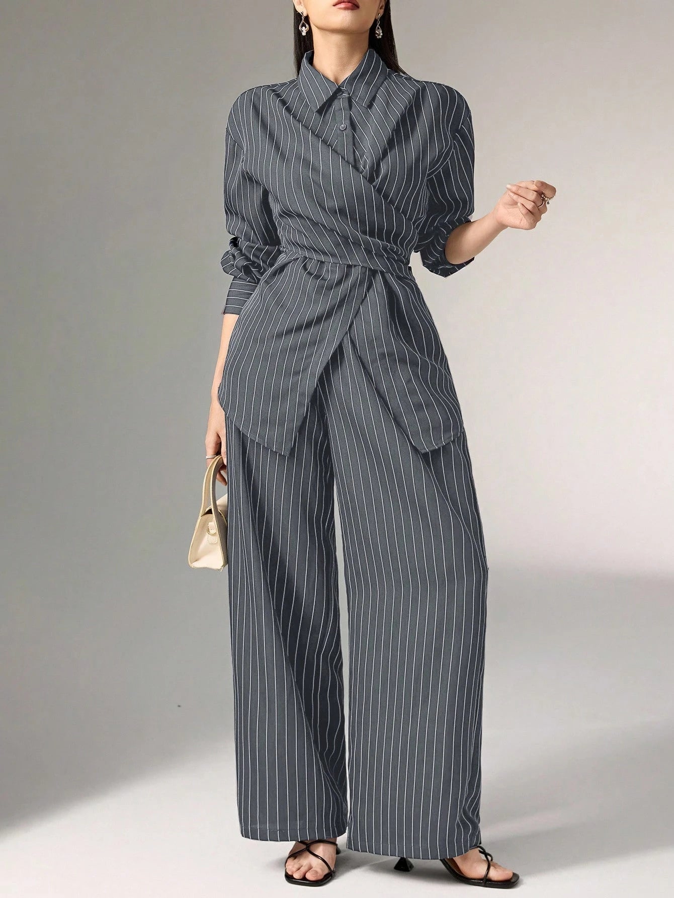 Women's Cinched Waist Korean Retro Style Shirt And Pant shein