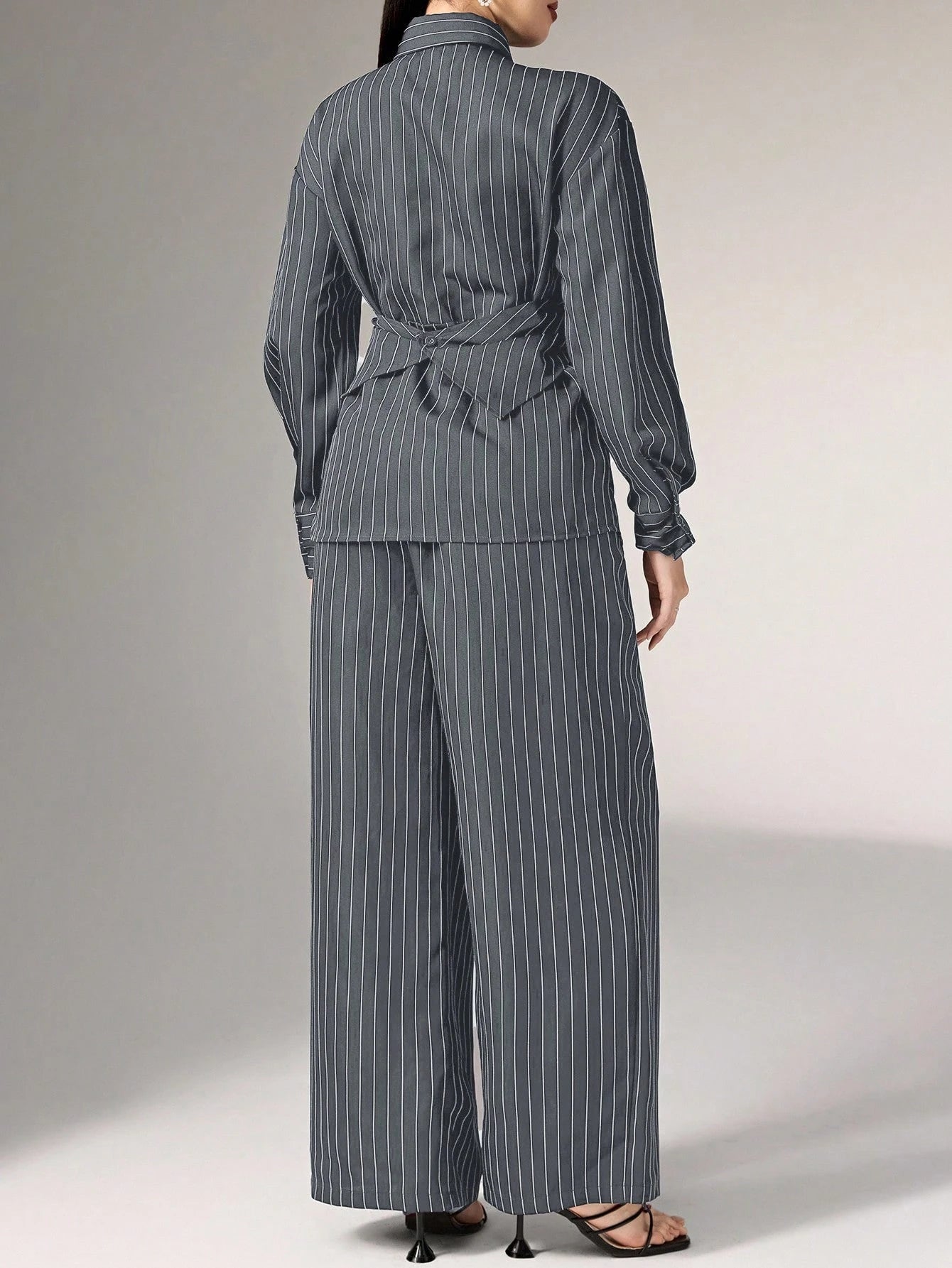 Women's Cinched Waist Korean Retro Style Shirt And Pant shein