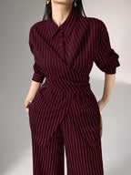 Women's Cinched Waist Korean Retro Style Shirt And Pant shein