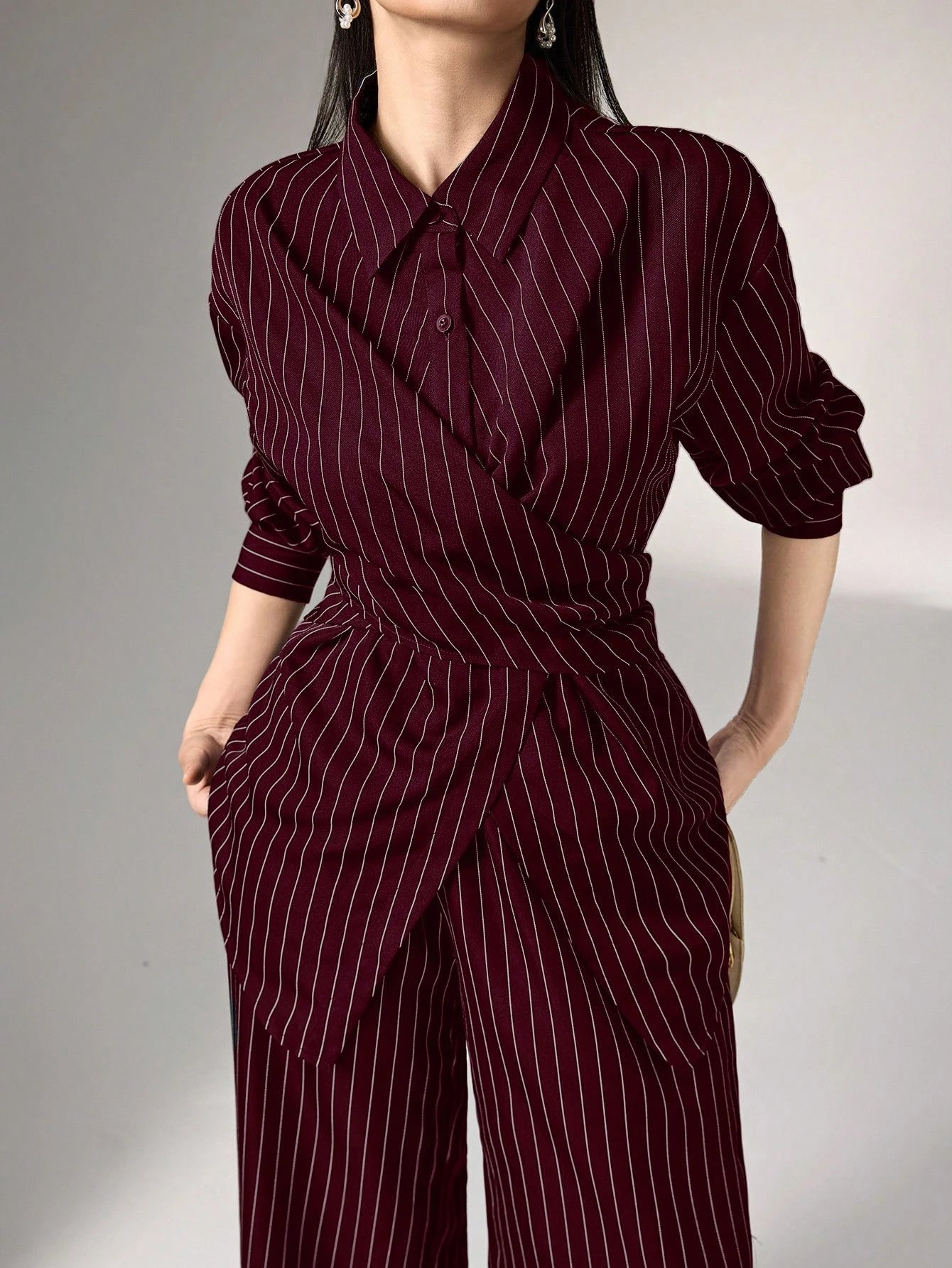 Women's Cinched Waist Korean Retro Style Shirt And Pant shein