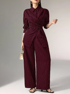 Women's Cinched Waist Korean Retro Style Shirt And Pant shein
