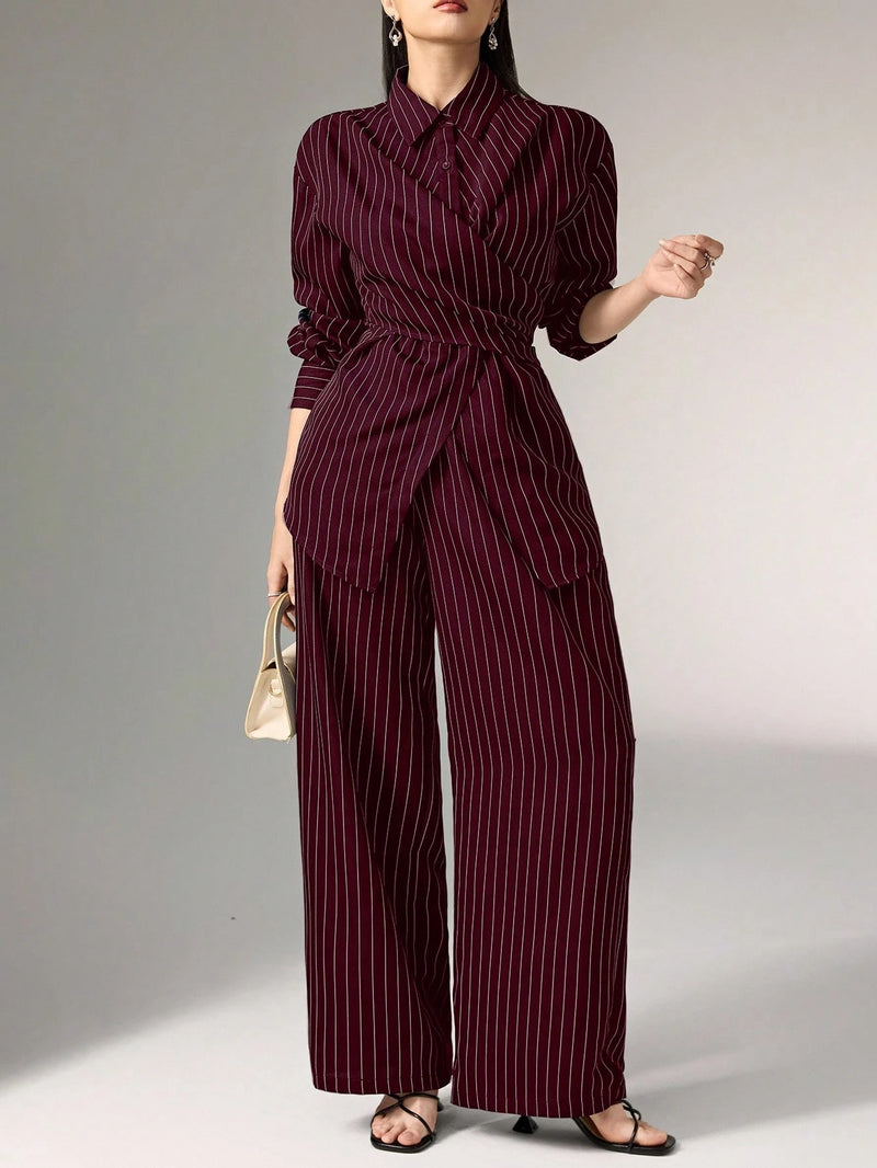 Women's Cinched Waist Korean Retro Style Shirt And Pant shein