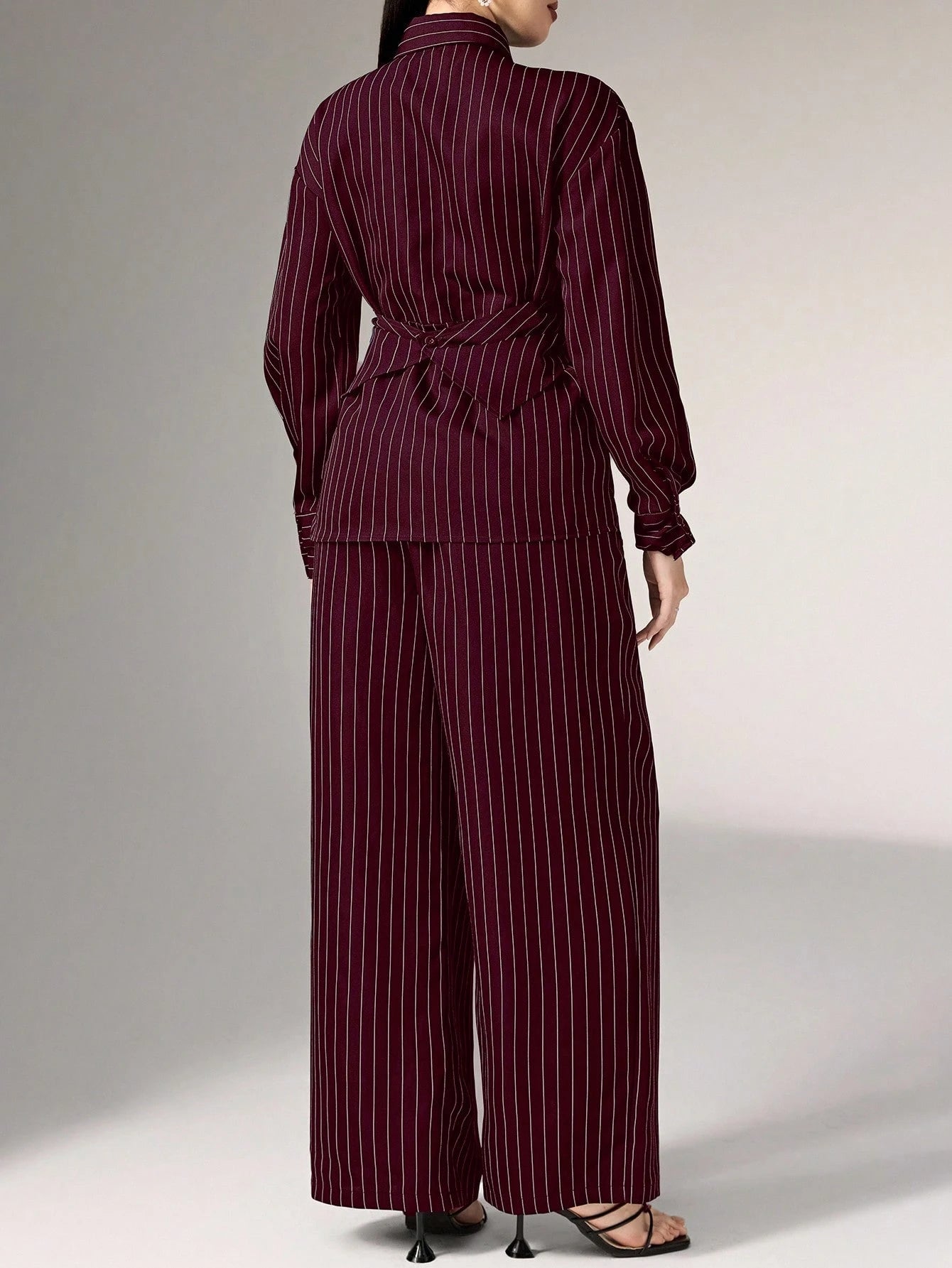 Women's Cinched Waist Korean Retro Style Shirt And Pant shein