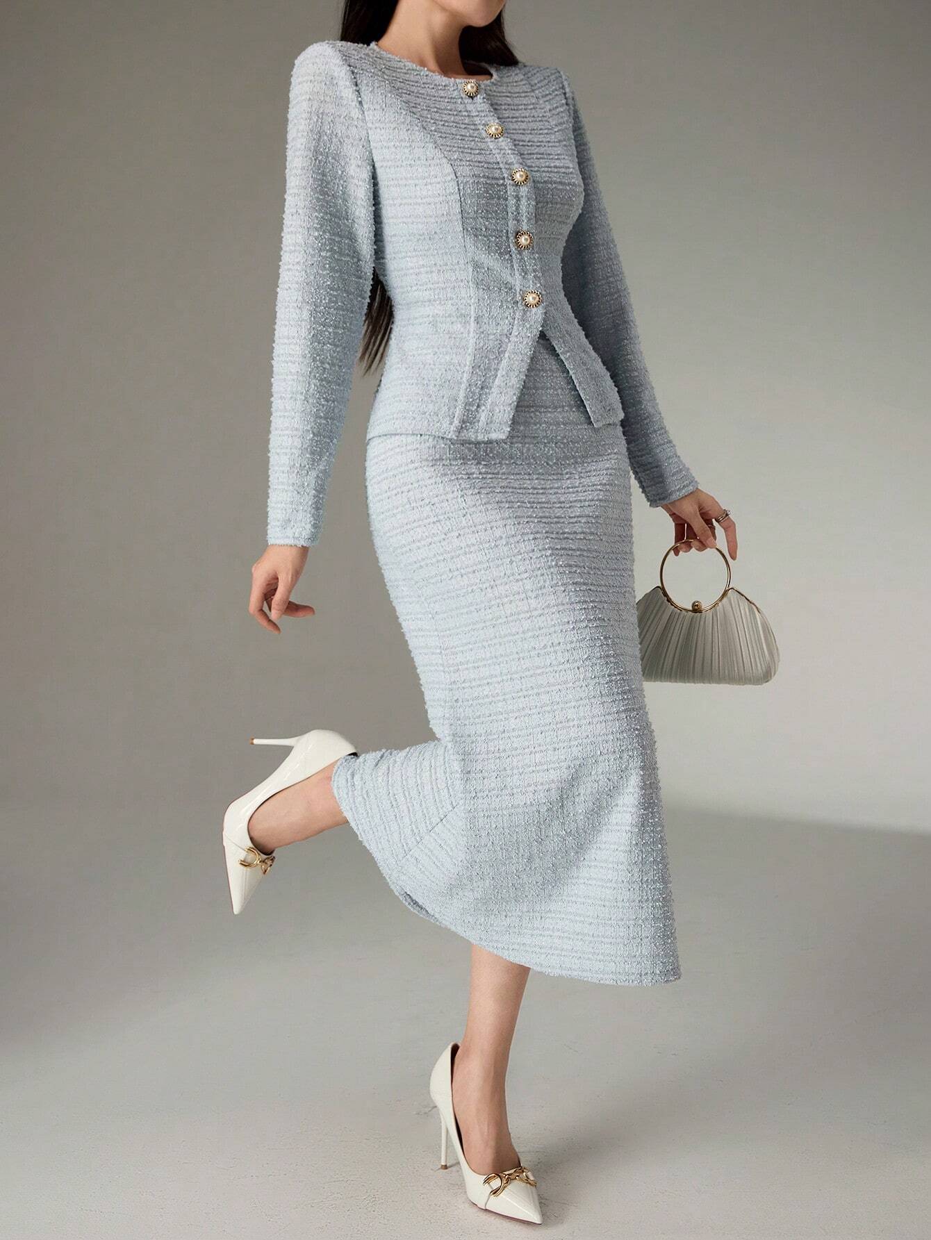 Solid Color Round Neck Long Sleeve Single-Breasted Jacket And Fish Tail Midi Skirt