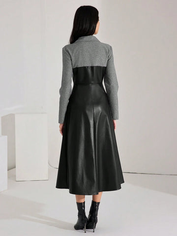 Heiryn Color Block Contrast Material Collared PU Leather Long Dress