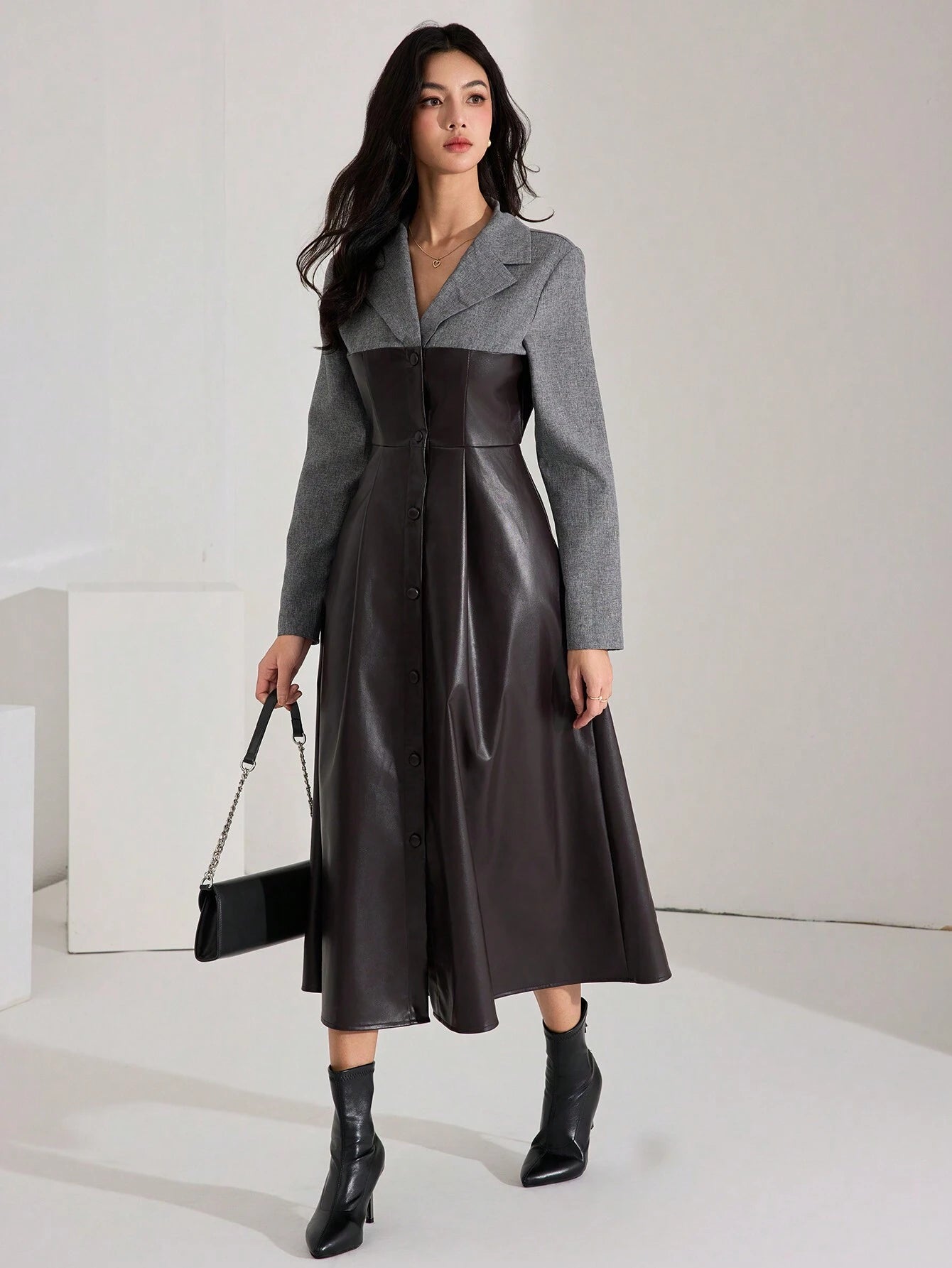 Heiryn Color Block Contrast Material Collared PU Leather Long Dress