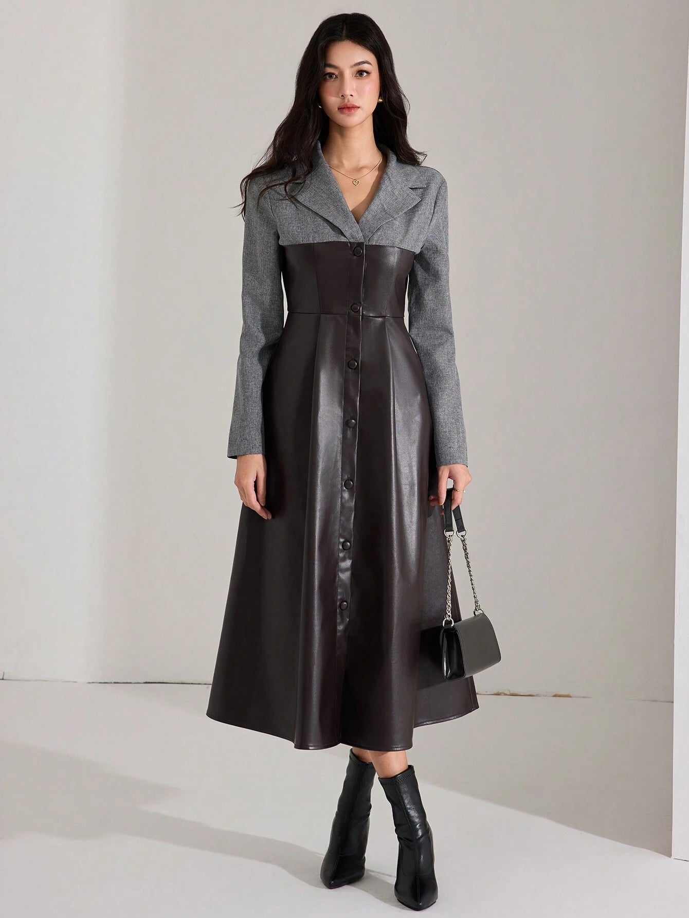 Heiryn Color Block Contrast Material Collared PU Leather Long Dress