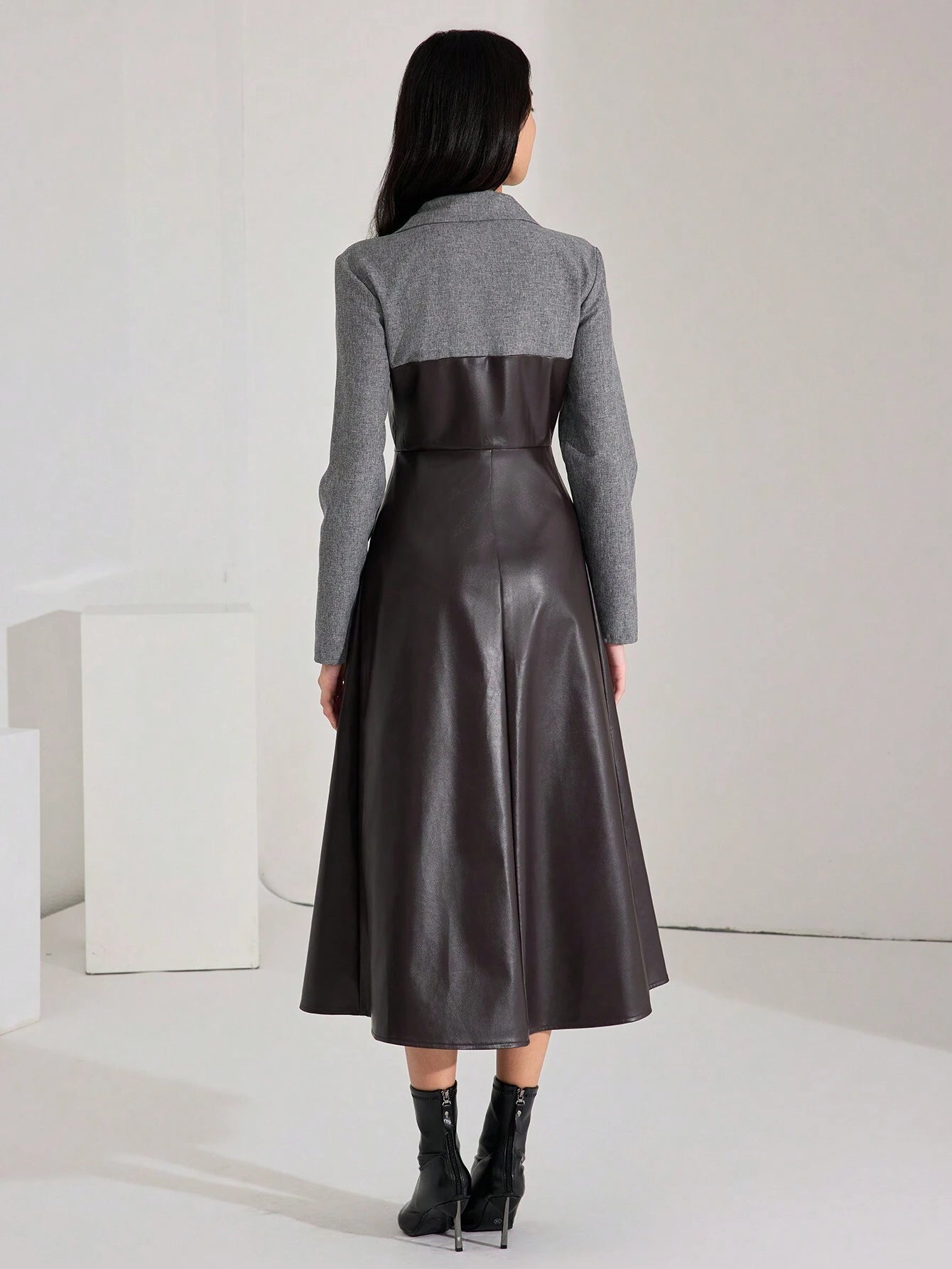 Heiryn Color Block Contrast Material Collared PU Leather Long Dress