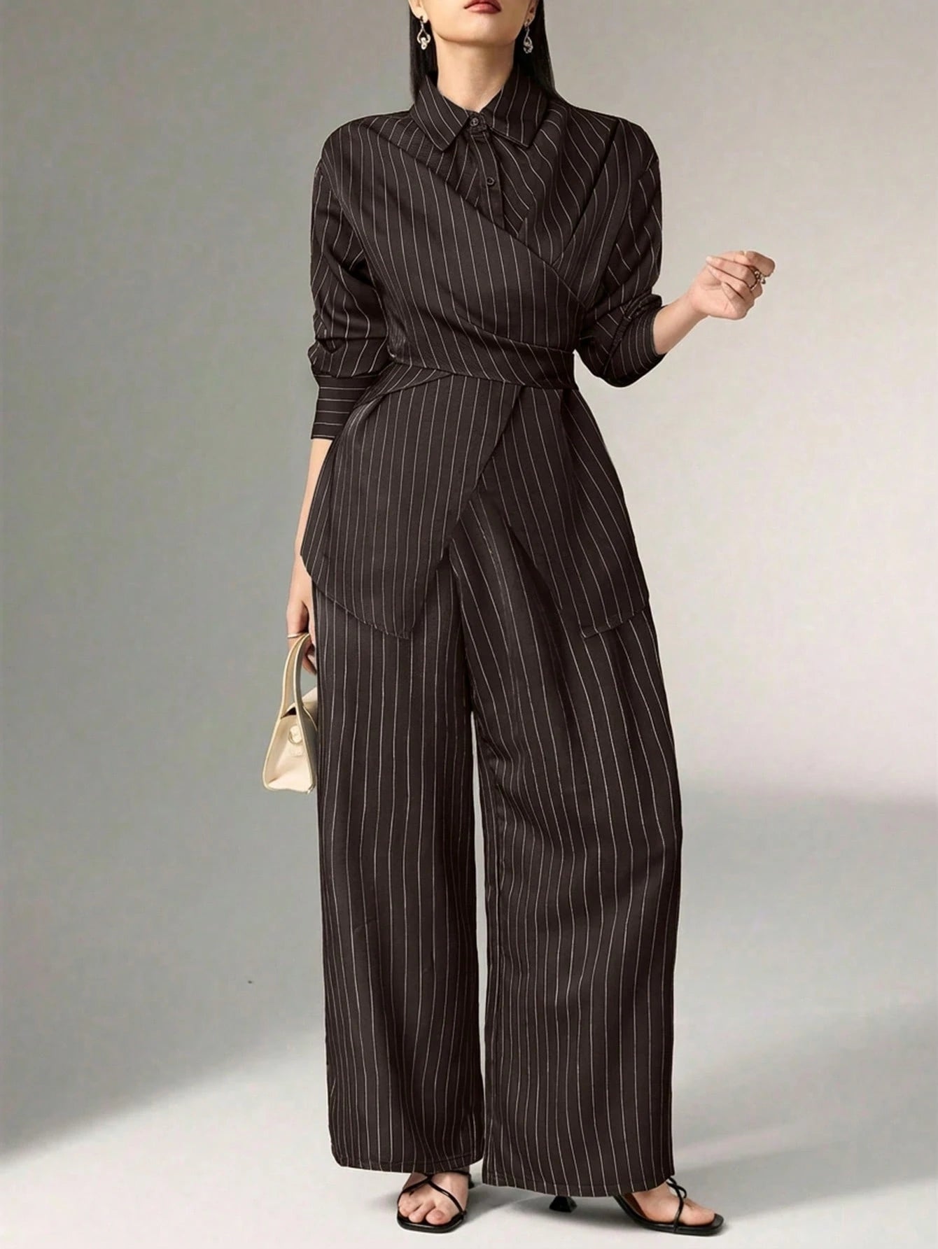Women's Cinched Waist Korean Retro Style Shirt And Pant shein