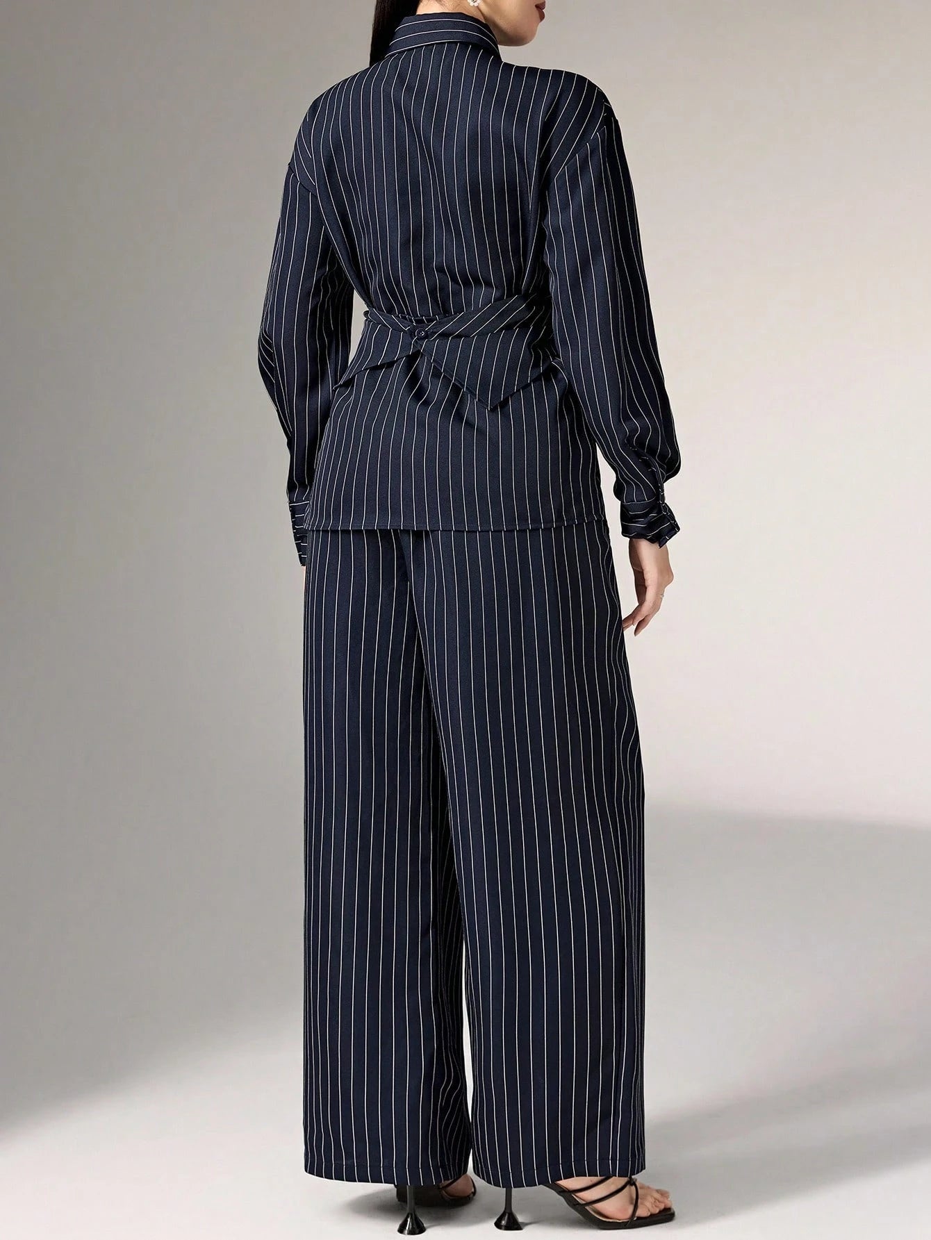 Women's Cinched Waist Korean Retro Style Shirt And Pant shein