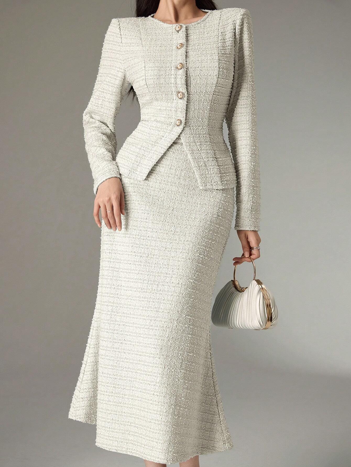 Solid Color Round Neck Long Sleeve Single-Breasted Jacket And Fish Tail Midi Skirt