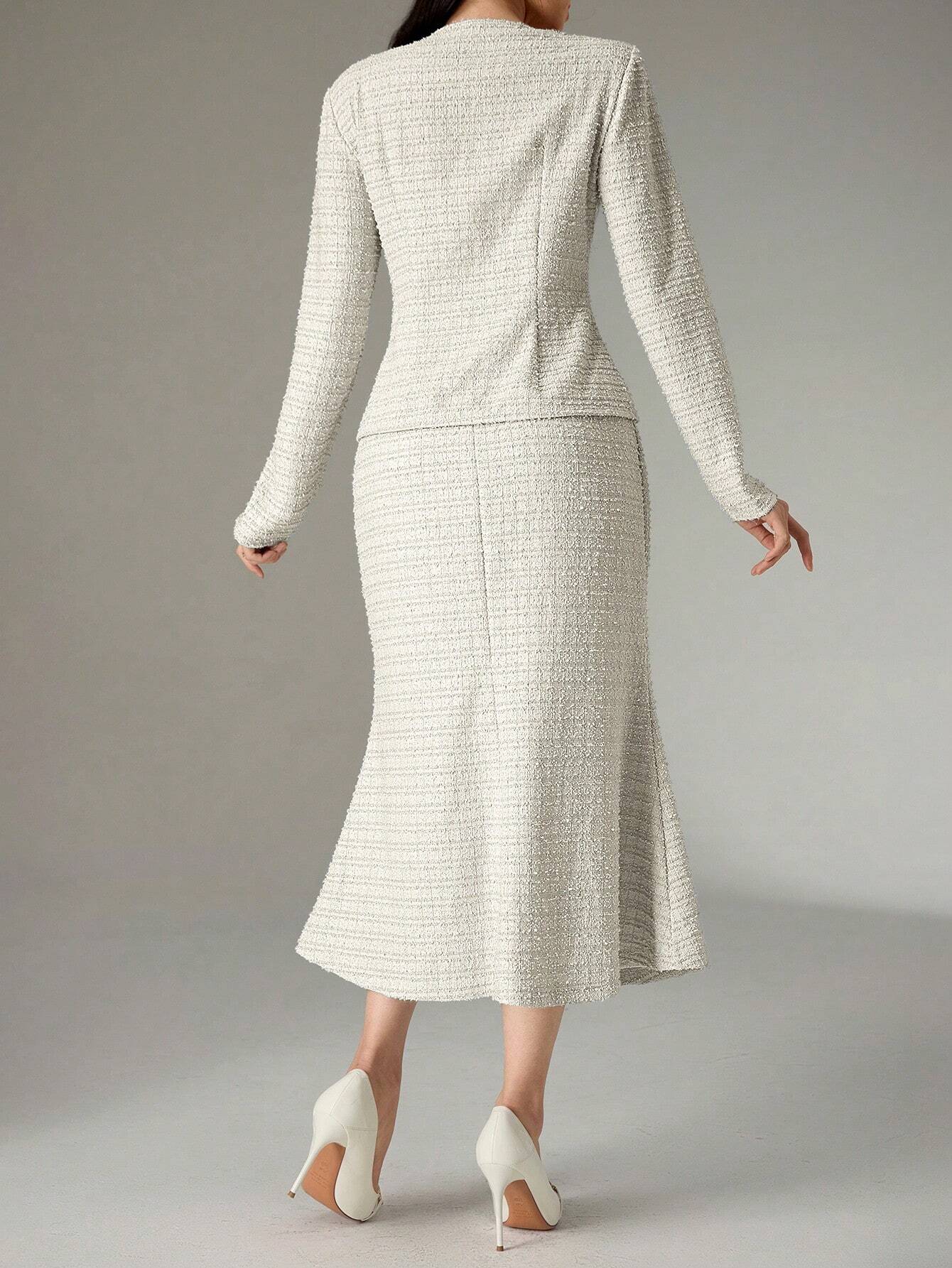 Solid Color Round Neck Long Sleeve Single-Breasted Jacket And Fish Tail Midi Skirt