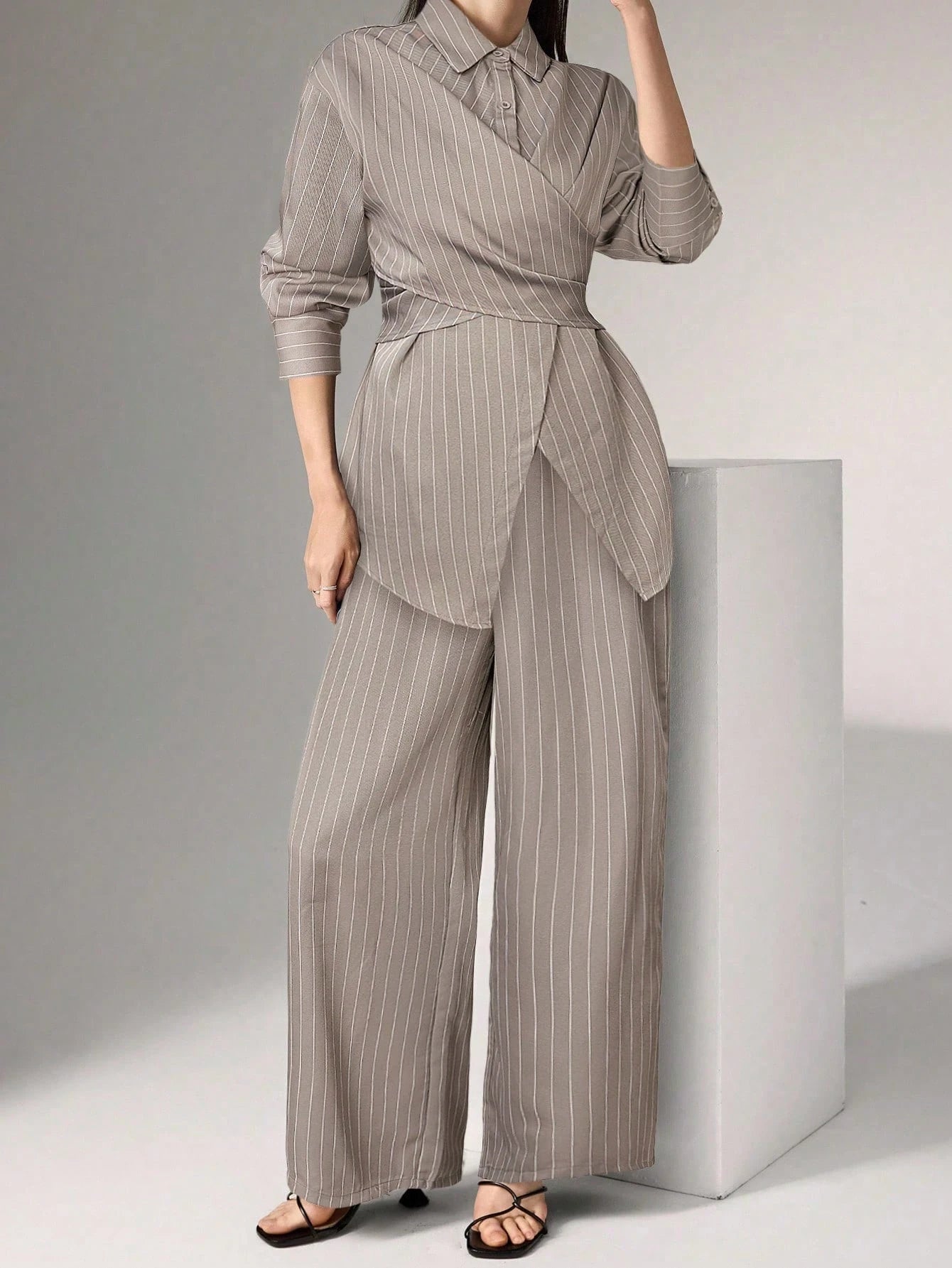 Women's Cinched Waist Korean Retro Style Shirt And Pant shein