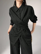 Women's Cinched Waist Korean Retro Style Shirt And Pant shein