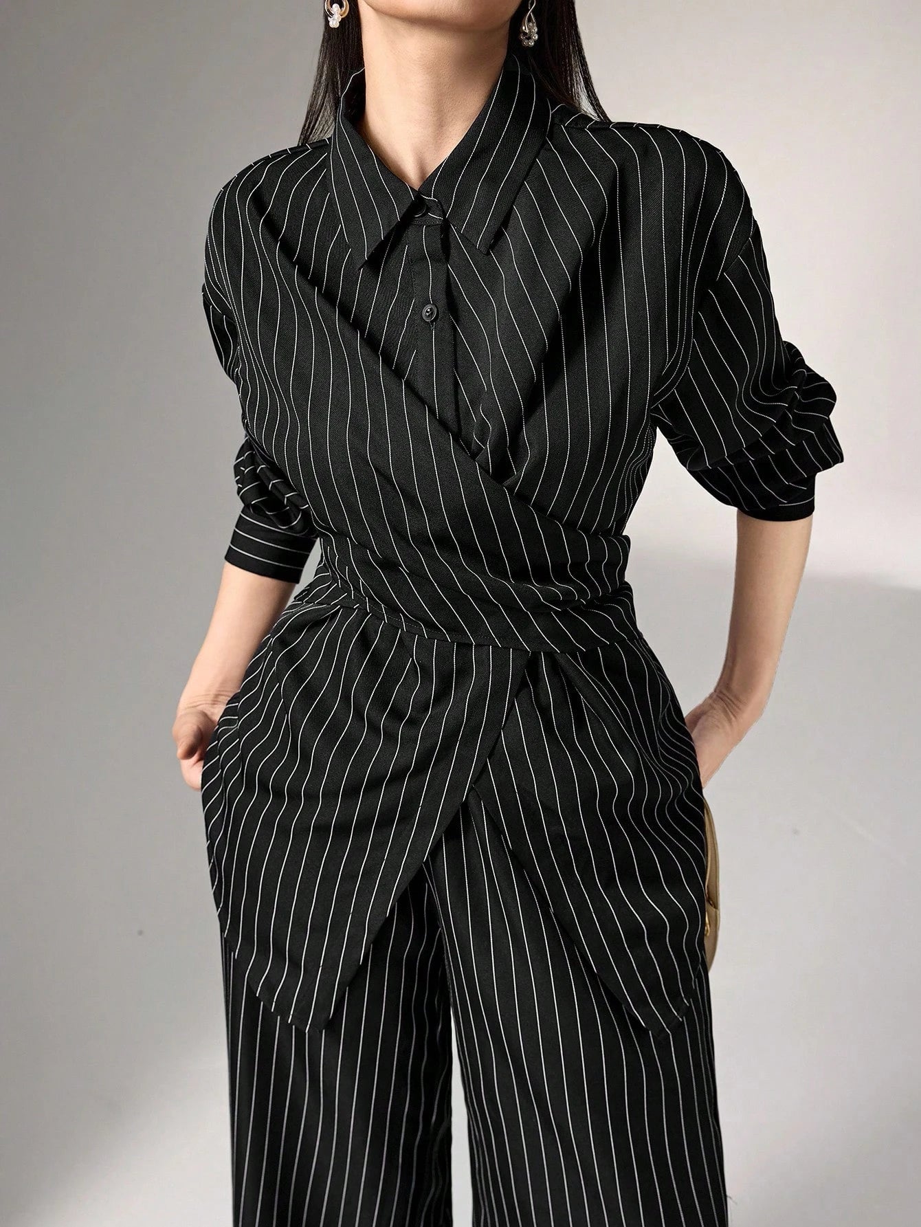 Women's Cinched Waist Korean Retro Style Shirt And Pant shein