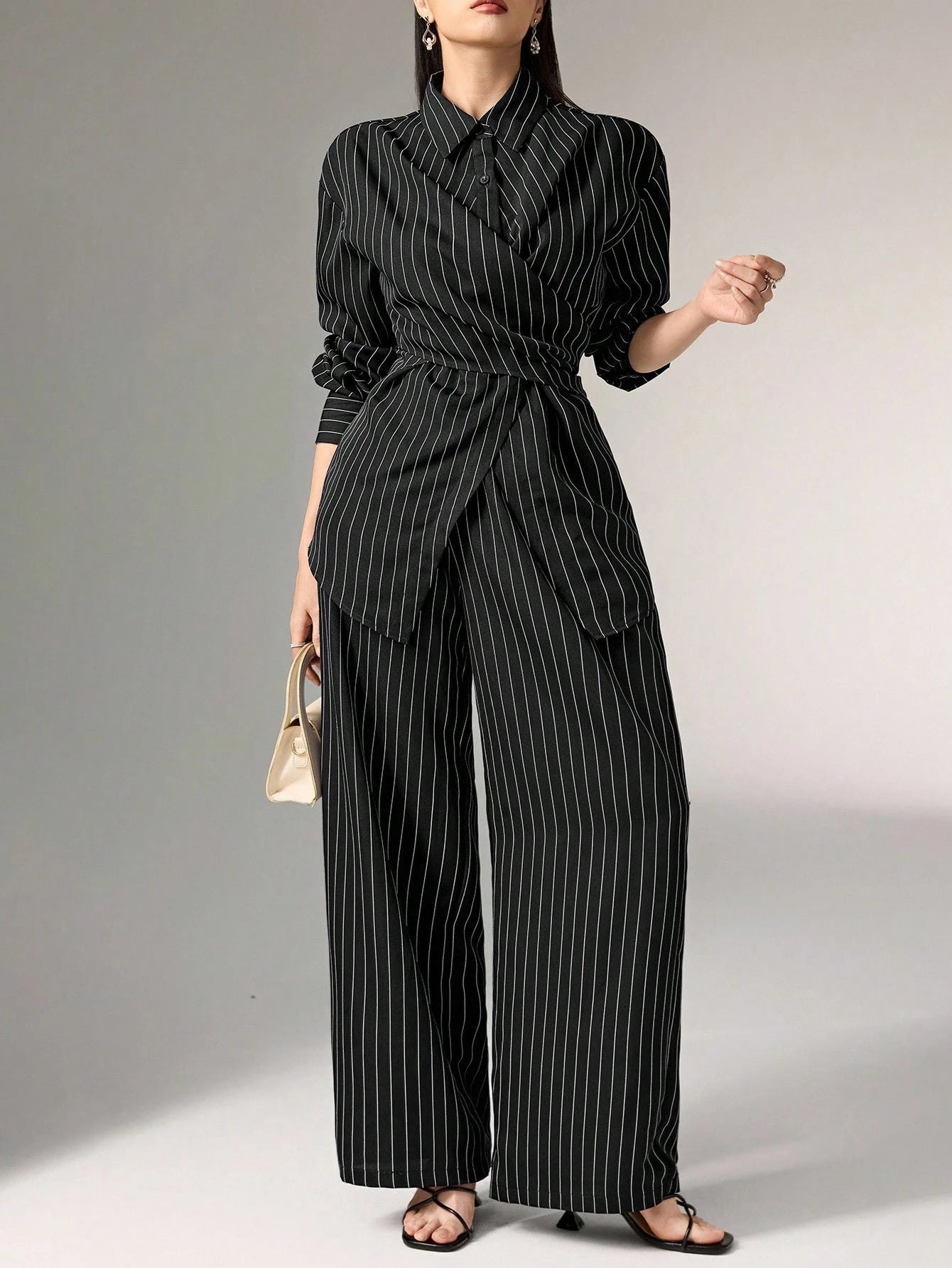 Women's Cinched Waist Korean Retro Style Shirt And Pant shein