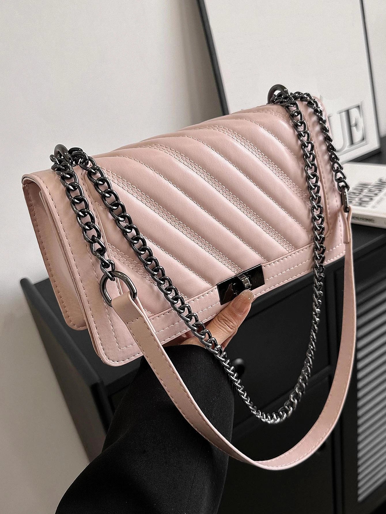 Herringbone Embroidery Thread Twist Lock Square Shoulder & Crossbody Bag With Chain Strap shein