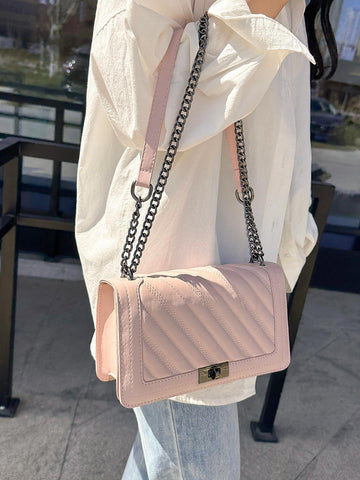 Herringbone Embroidery Thread Twist Lock Square Shoulder & Crossbody Bag With Chain Strap shein