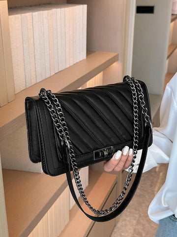 Herringbone Embroidery Thread Twist Lock Square Shoulder & Crossbody Bag With Chain Strap shein