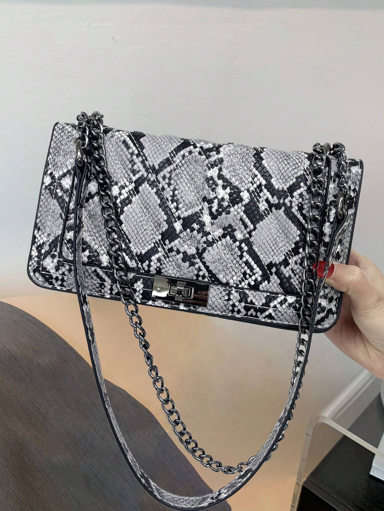 Herringbone Embroidery Thread Twist Lock Square Shoulder & Crossbody Bag With Chain Strap shein