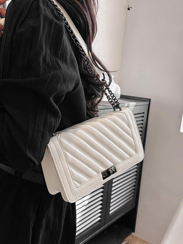 Herringbone Embroidery Thread Twist Lock Square Shoulder & Crossbody Bag With Chain Strap shein