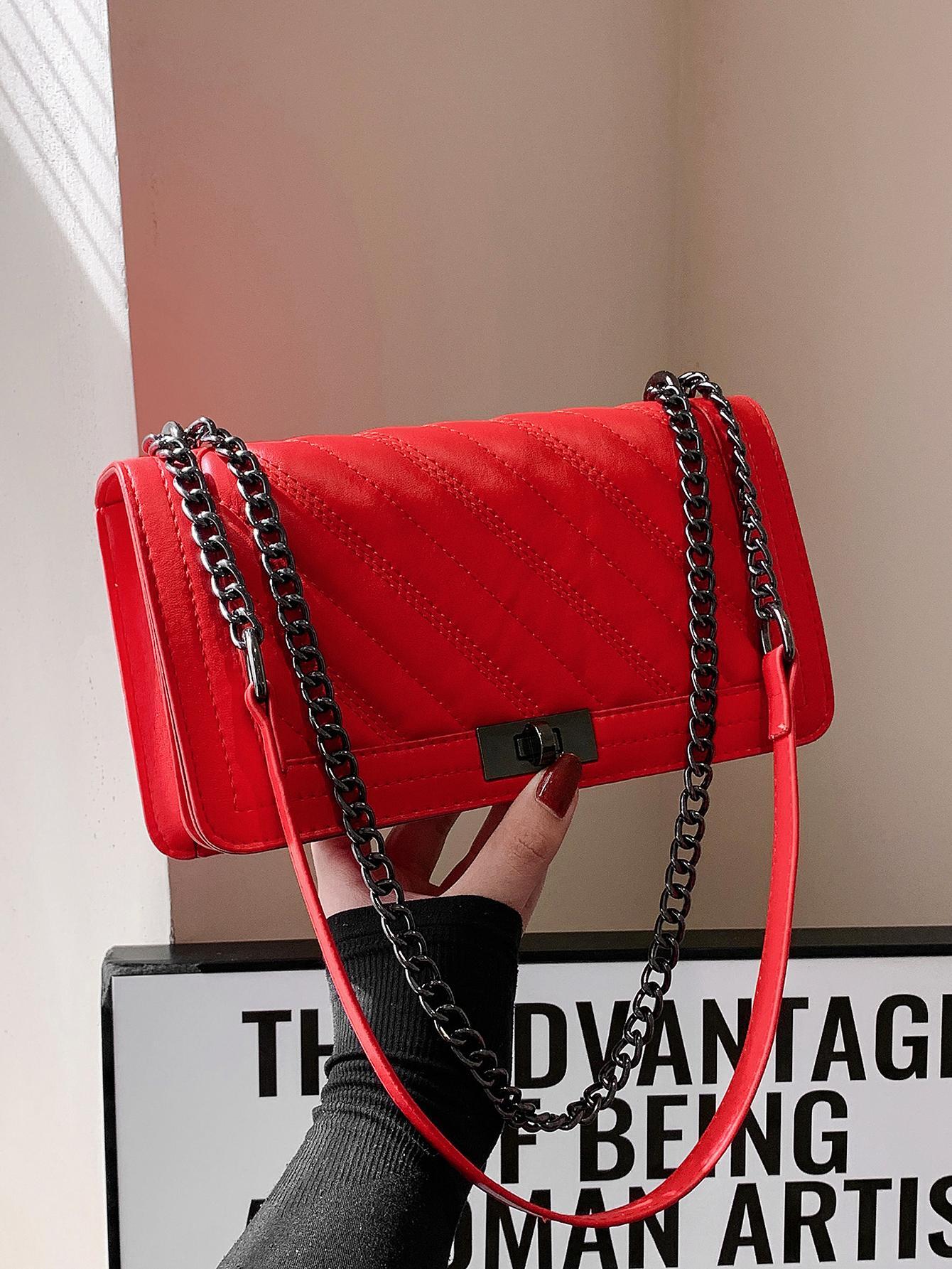 Herringbone Embroidery Thread Twist Lock Square Shoulder & Crossbody Bag With Chain Strap shein