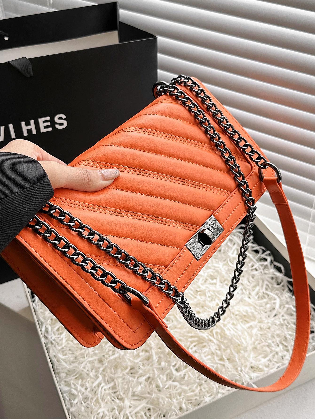 Herringbone Embroidery Thread Twist Lock Square Shoulder & Crossbody Bag With Chain Strap shein