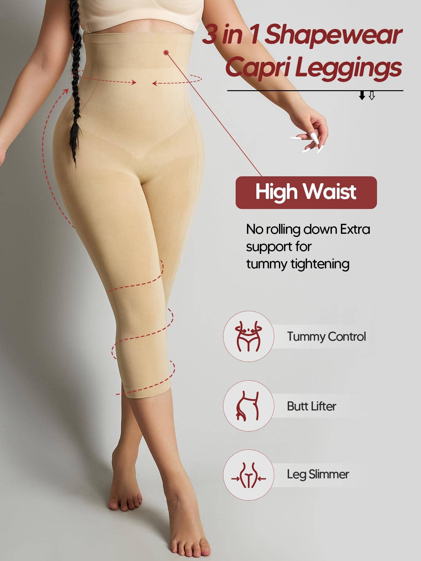 1Pc High-Waisted Comfy Leggings Butt Lift Tummy Control Thigh Slimmer Mid-Thigh Cropped Shapepants