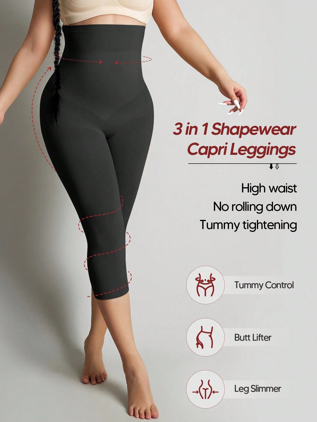1Pc High-Waisted Comfy Leggings Butt Lift Tummy Control Thigh Slimmer Mid-Thigh Cropped Shapepants