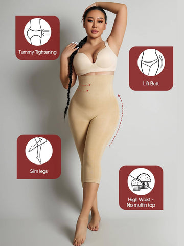 1Pc High-Waisted Comfy Leggings Butt Lift Tummy Control Thigh Slimmer Mid-Thigh Cropped Shapepants