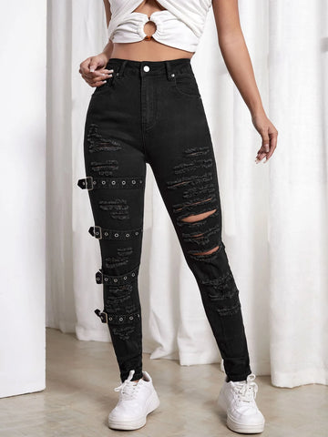 High Waist Ripped Eyelet Buckled Detail Skinny Jeans shein