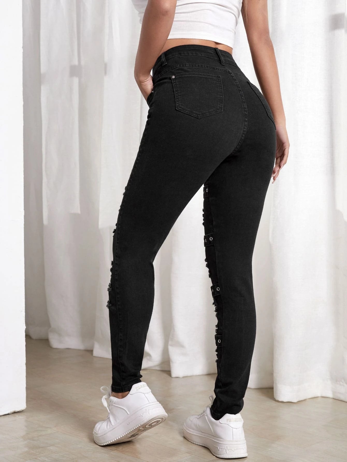 High Waist Ripped Eyelet Buckled Detail Skinny Jeans shein