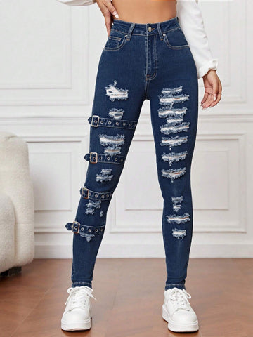 High Waist Ripped Eyelet Buckled Detail Skinny Jeans shein