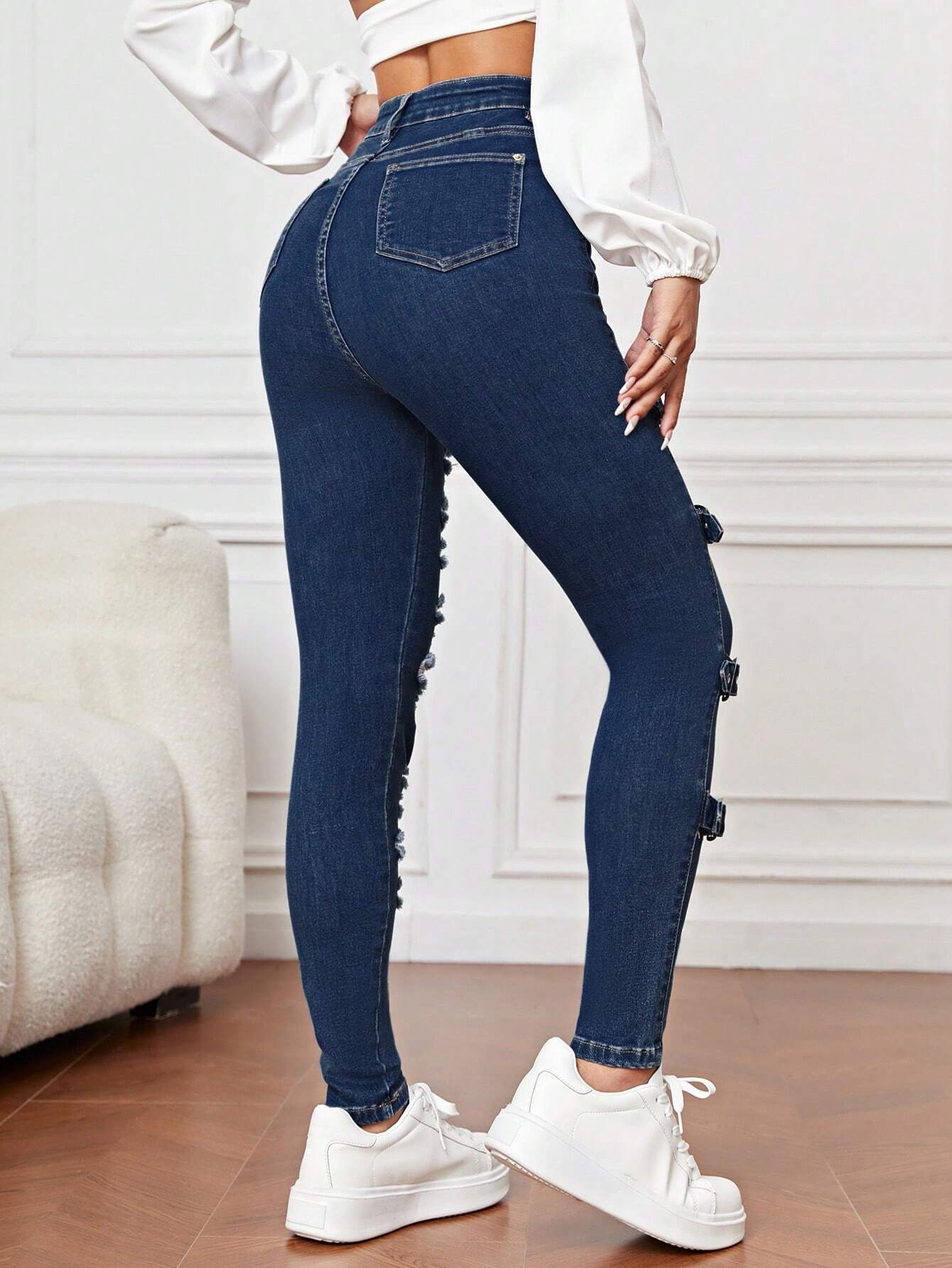 High Waist Ripped Eyelet Buckled Detail Skinny Jeans shein