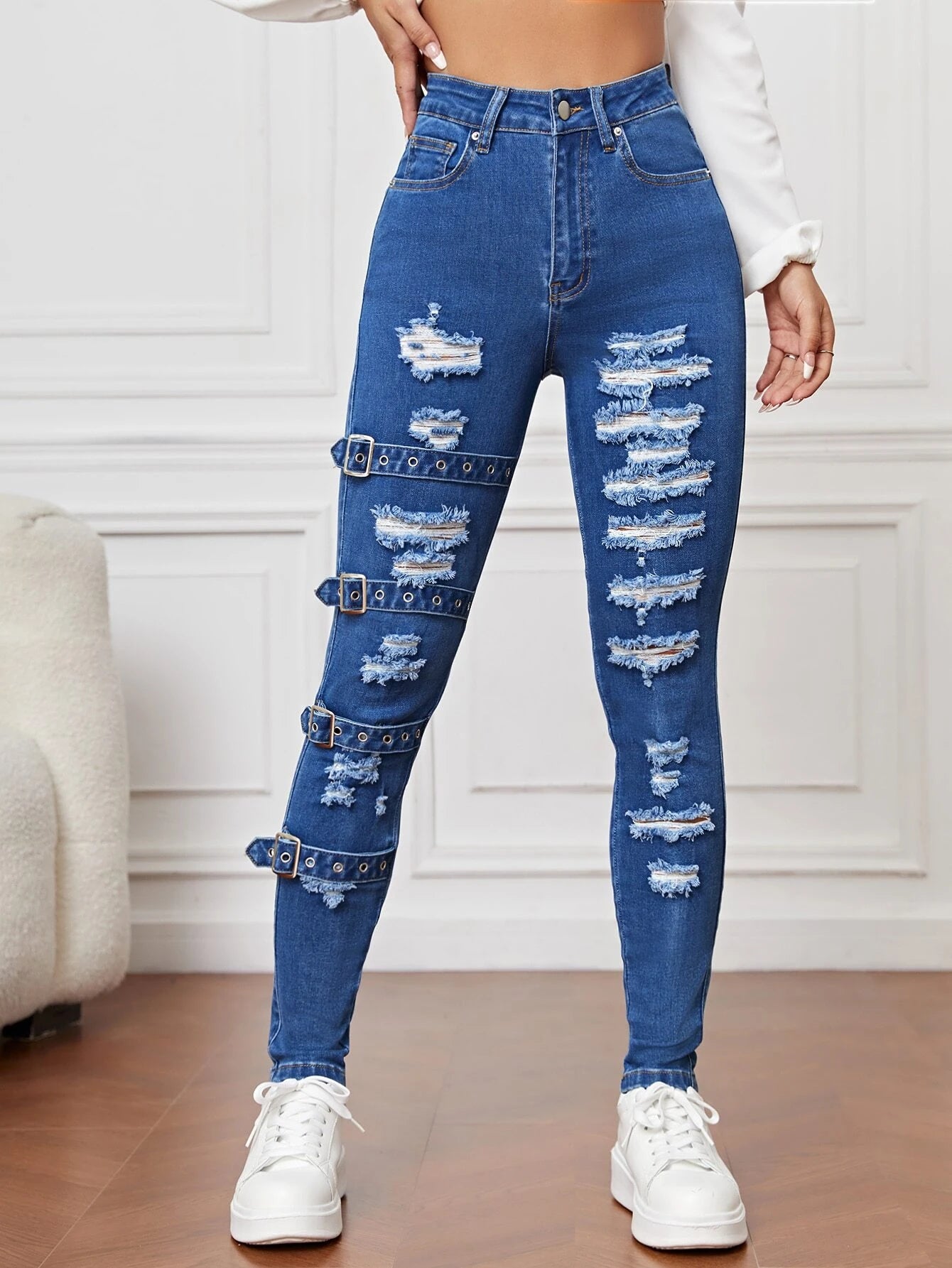 High Waist Ripped Eyelet Buckled Detail Skinny Jeans shein