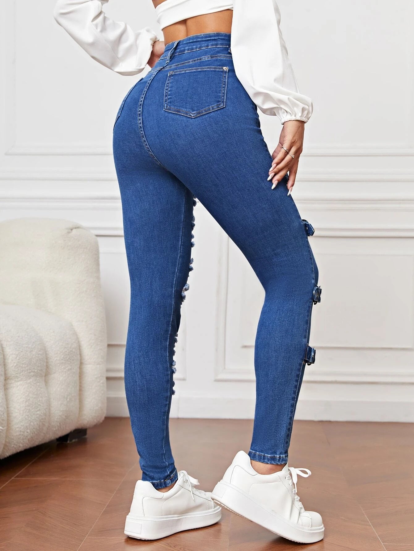 High Waist Ripped Eyelet Buckled Detail Skinny Jeans shein