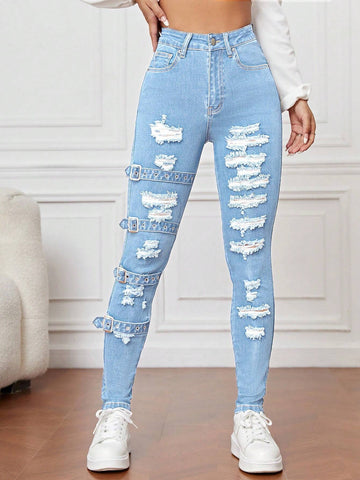 High Waist Ripped Eyelet Buckled Detail Skinny Jeans shein