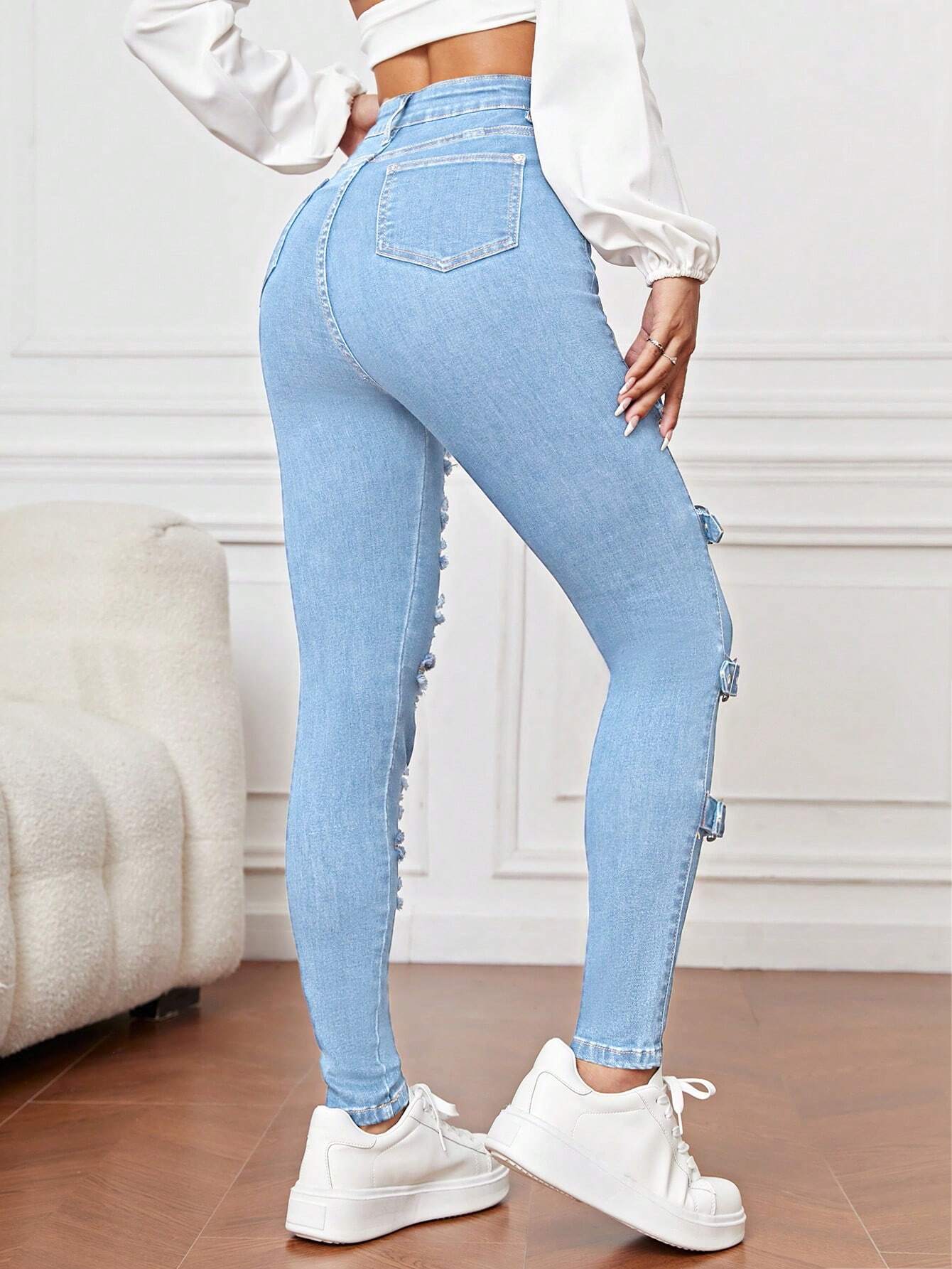 High Waist Ripped Eyelet Buckled Detail Skinny Jeans shein