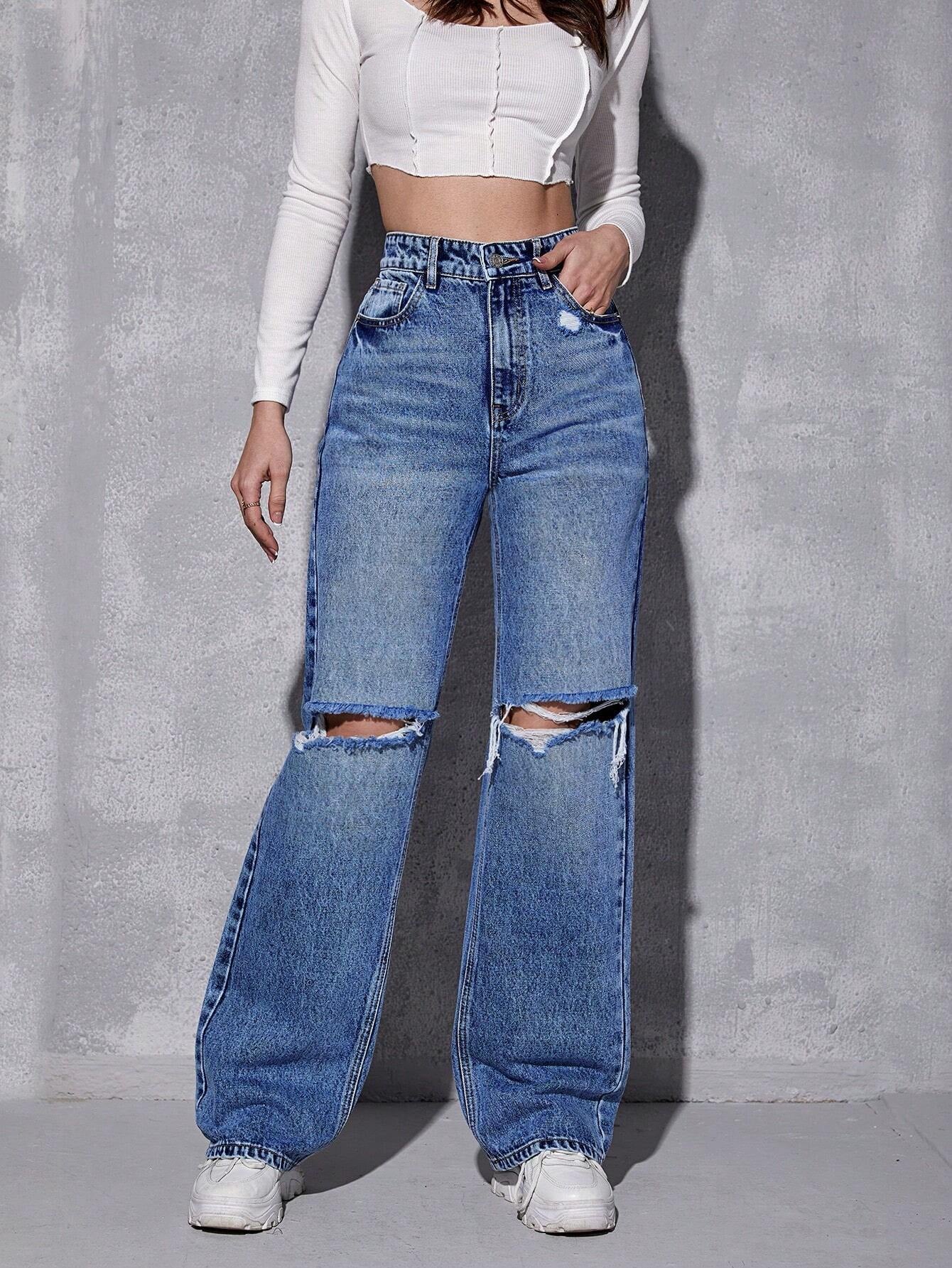 High Waist Ripped Straight Leg Jeans shein