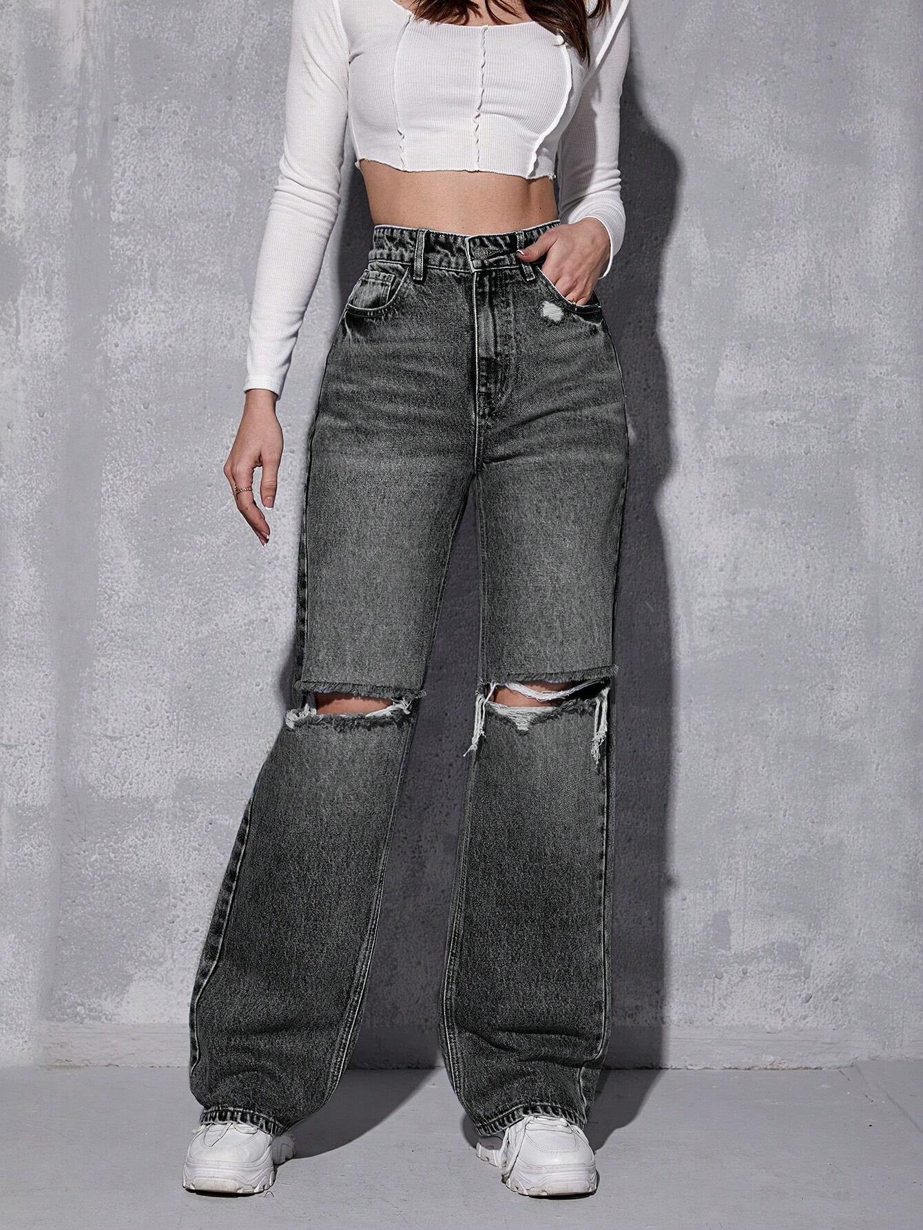 High Waist Ripped Straight Leg Jeans shein