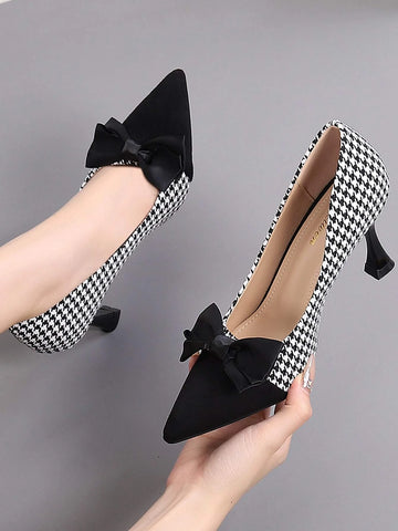 Houndstooth Pattern Bow Decor Court Pumps shein