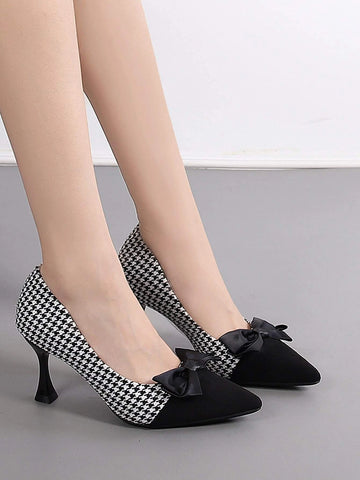 Houndstooth Pattern Bow Decor Court Pumps shein